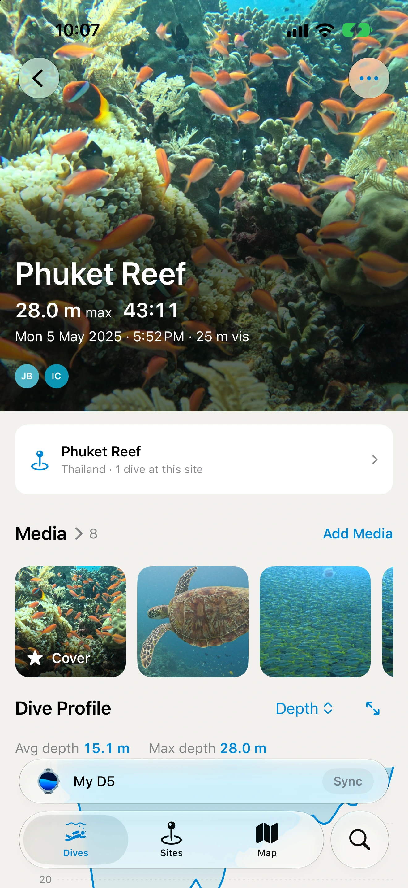 Phuket Reef in Interval, with orange reef fish, a 28.0 metre maximum depth and a 43 minute dive.