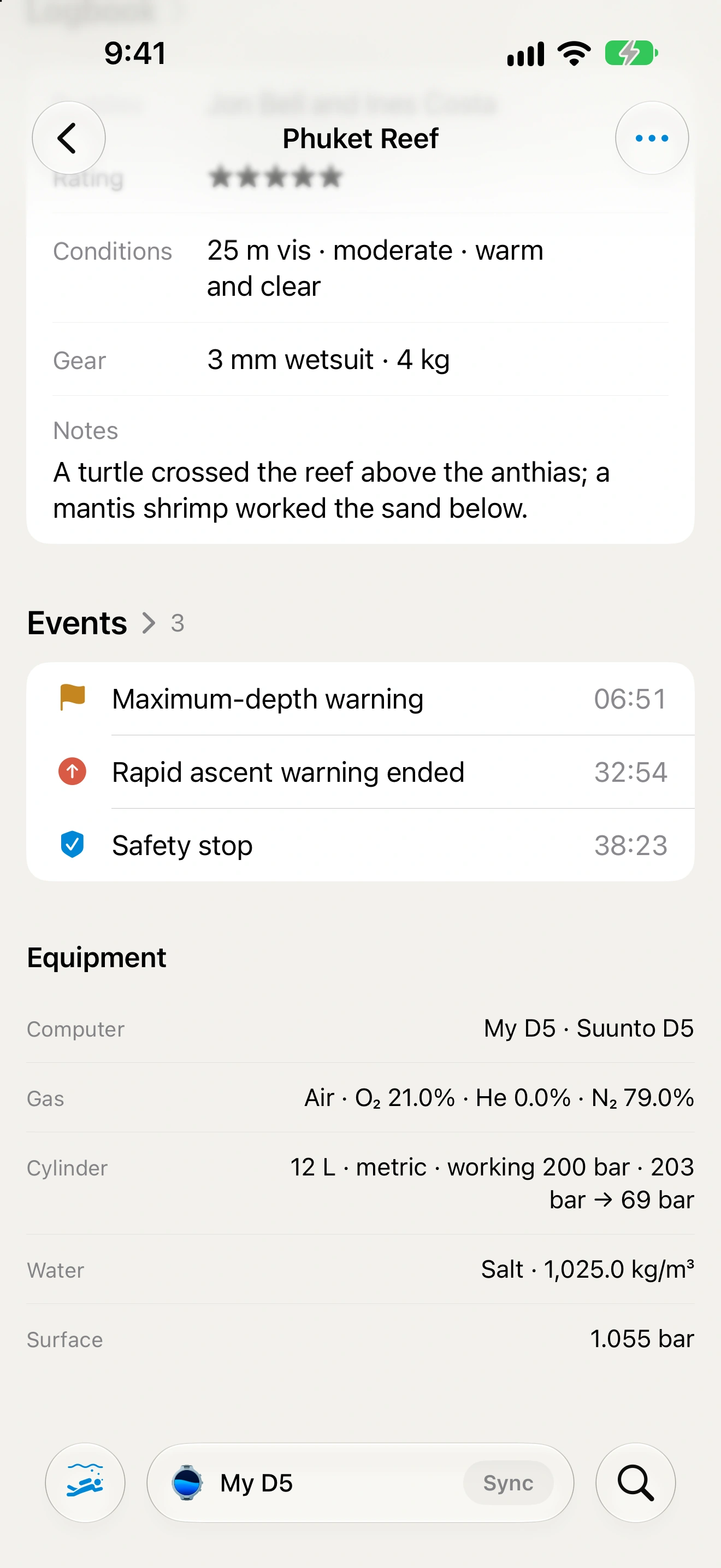 The same dive’s notes, buddies and recorded events