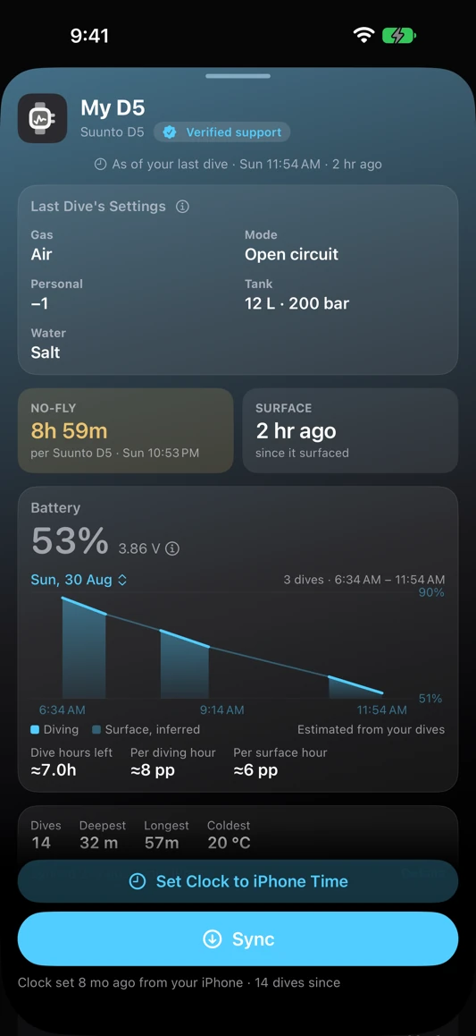 Interval's dive computer settings on iPhone